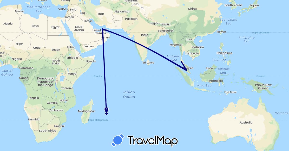 TravelMap itinerary: driving in United Arab Emirates, Mauritius, Malaysia, Thailand (Africa, Asia)